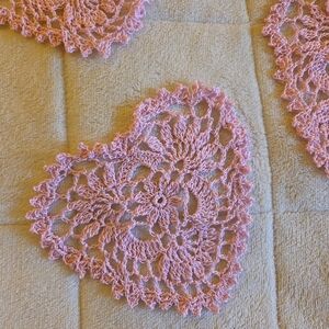 Set Of 3 Hand Made With Love - Pink Heart Crochet Doilies Home Accents Coasters
